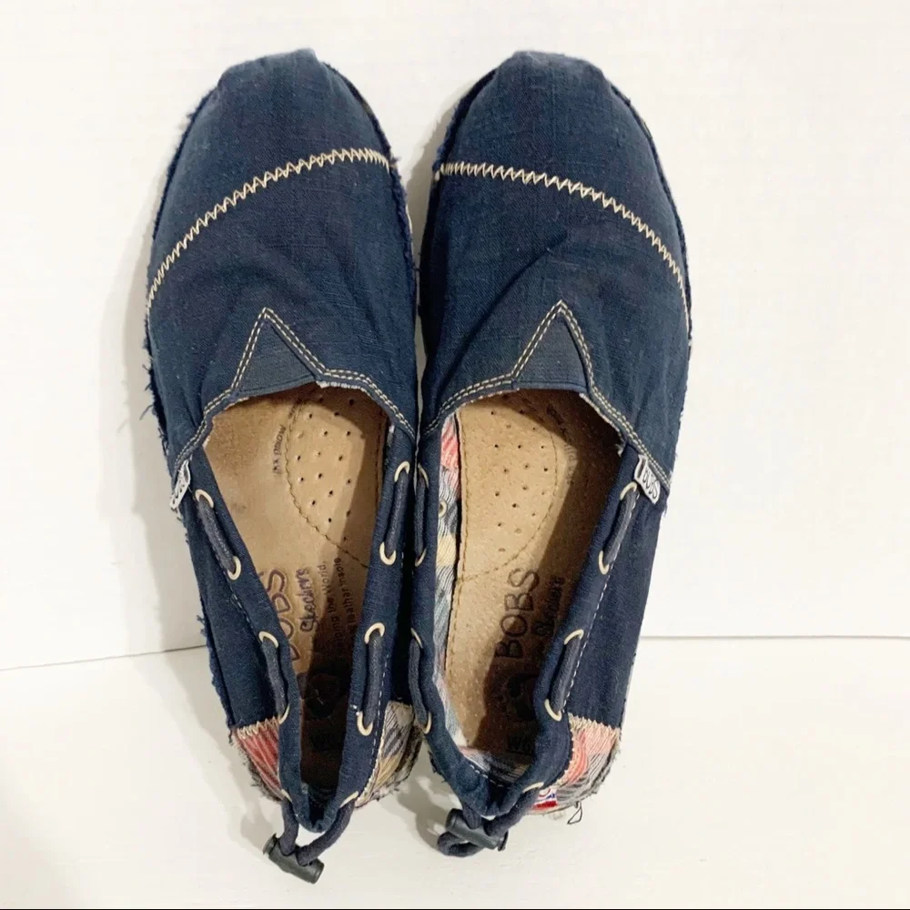 SKECHERS Bobs Canvas Slip-on Flat Raw Hem Shoes Style #: 37790-NVY Pop of Color